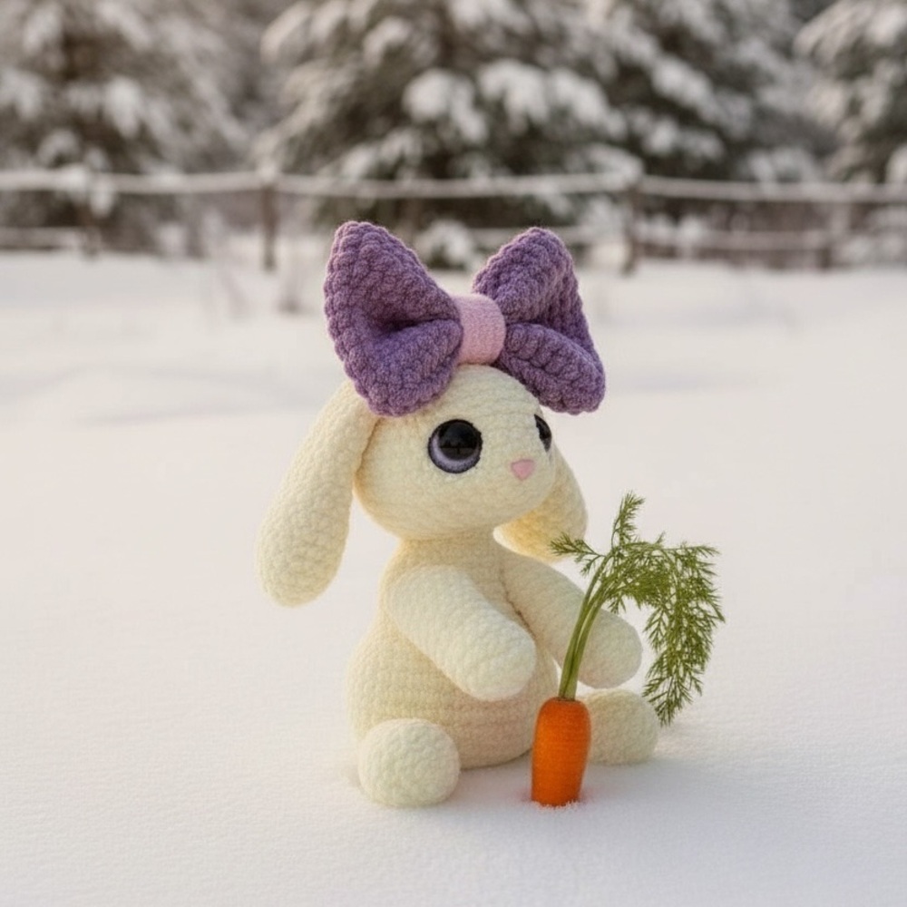 Charming Cream Bunny Plush with Purple Bow - Picture 3 of 3